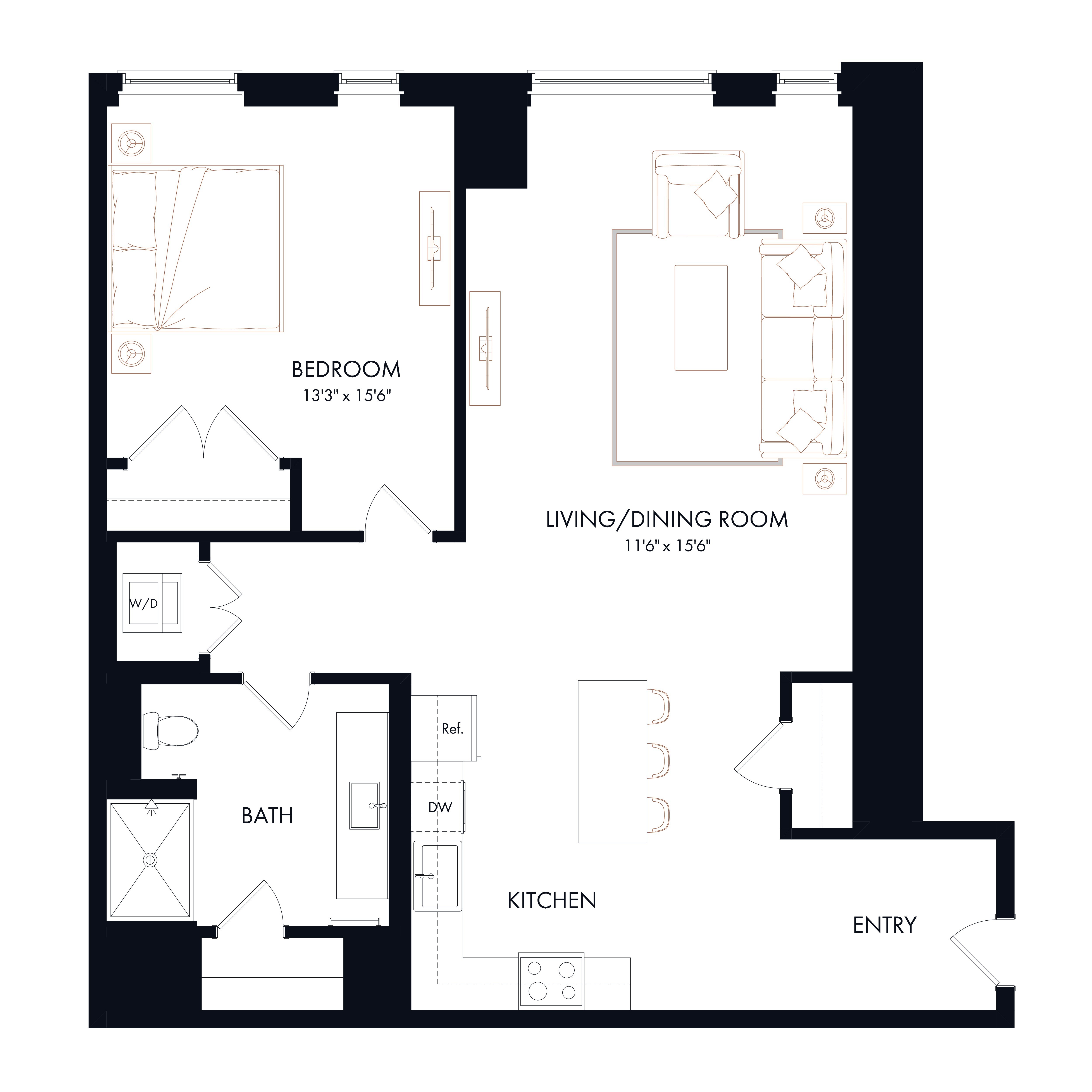 Floor plan layout diagram for A3 | 1 Bed | 1 Bath